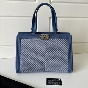 Chanel Blue Denim Boy Tote Chevron Quilted Excellent Bag